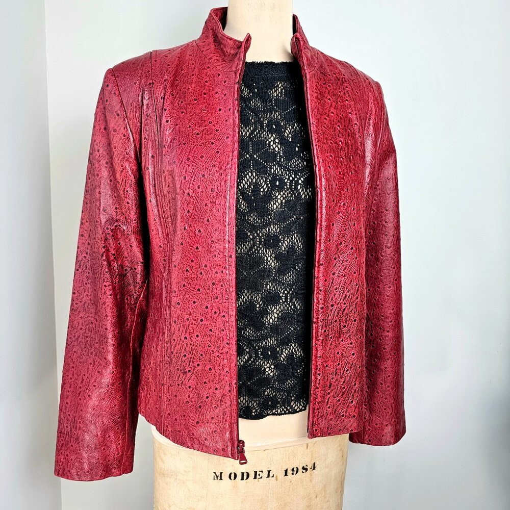London Underground Red Ostrich Embossed Leather Jacket Large